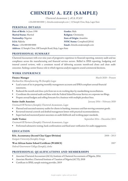 Sample layout of the Classic Professional template, with made-up details