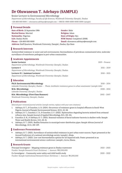 Sample layout of the Academic / Research template, with made-up details