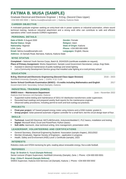 Sample layout of the Graduate / Entry-Level template, with made-up details