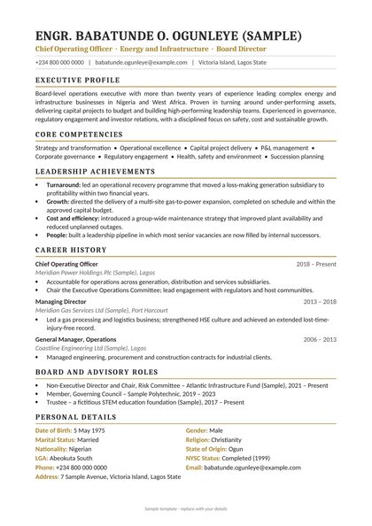 Sample layout of the Executive template, with made-up details