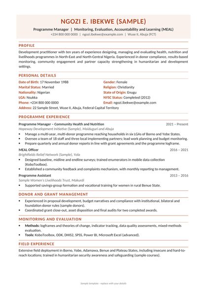 Sample layout of the NGO / Development template, with made-up details